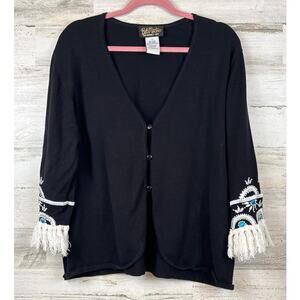 Bob Mackie Wearable Art Womens 1X Black Embroidered Knit Cardigan Sweater Boho